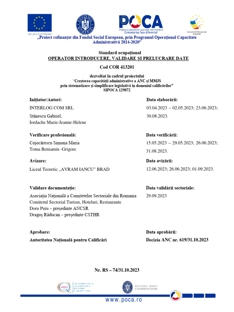 COD COR NOU Operator Introducere, Validare Si Prelucrare Date | PDF