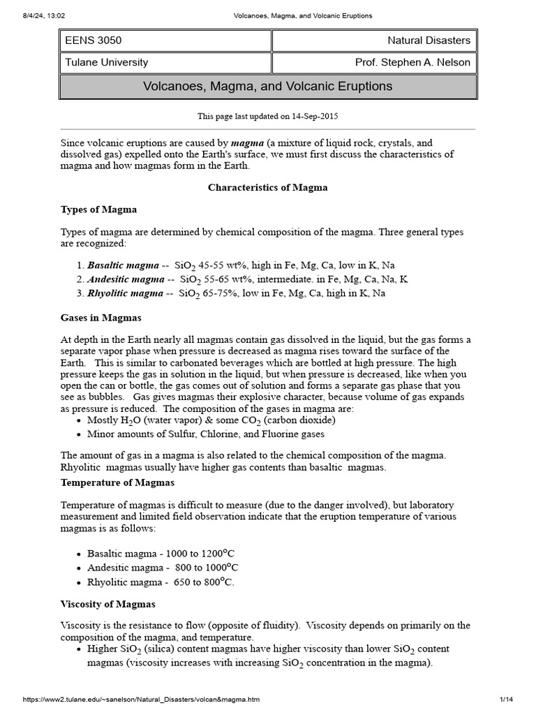 Volcanoes, Magma, and Volcanic Eruptions Universidad Tulane | PDF ...