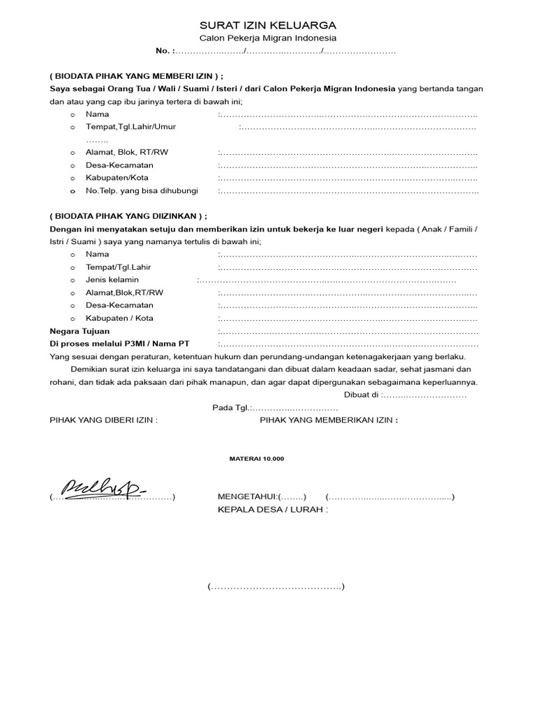 Surat Izin Keluarga CPMI | PDF | Hukum