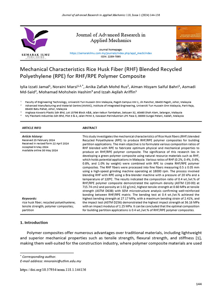 Mechanical Characteristics Rice Husk Fibre | PDF | Composite Material ...