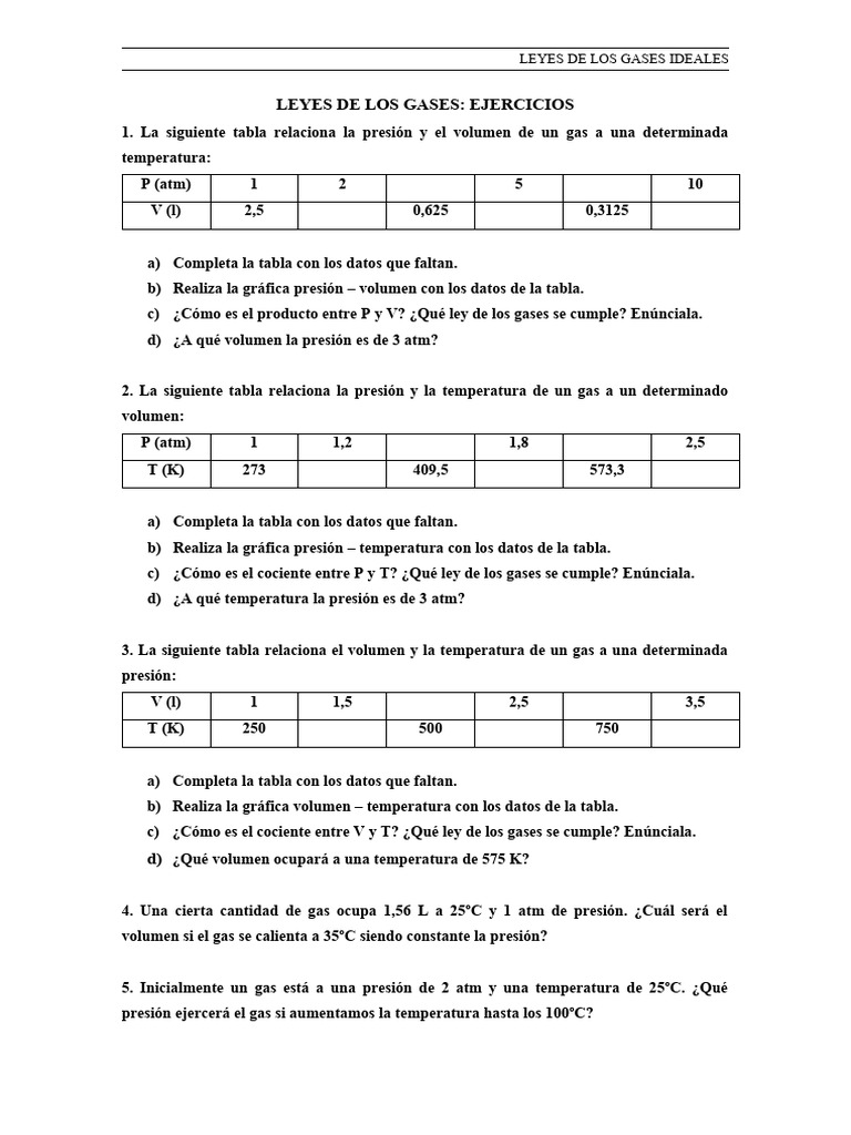 Ejercicios de Leyes de Gases Ideales | PDF | Gases | Ingeniería Química
