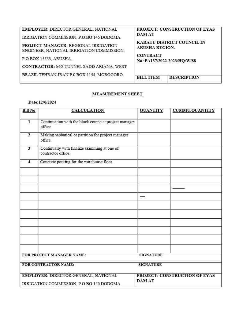 Eyas Dam Construction Measurement Sheet | PDF | Concrete | Drywall