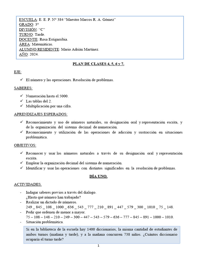 Plan de Clases de Matemática para 3° | PDF | Multiplicación | Notación