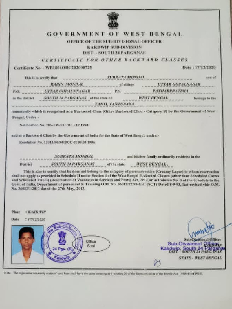 OBC Certificate Issuance in West Bengal | PDF | Politics Of India ...