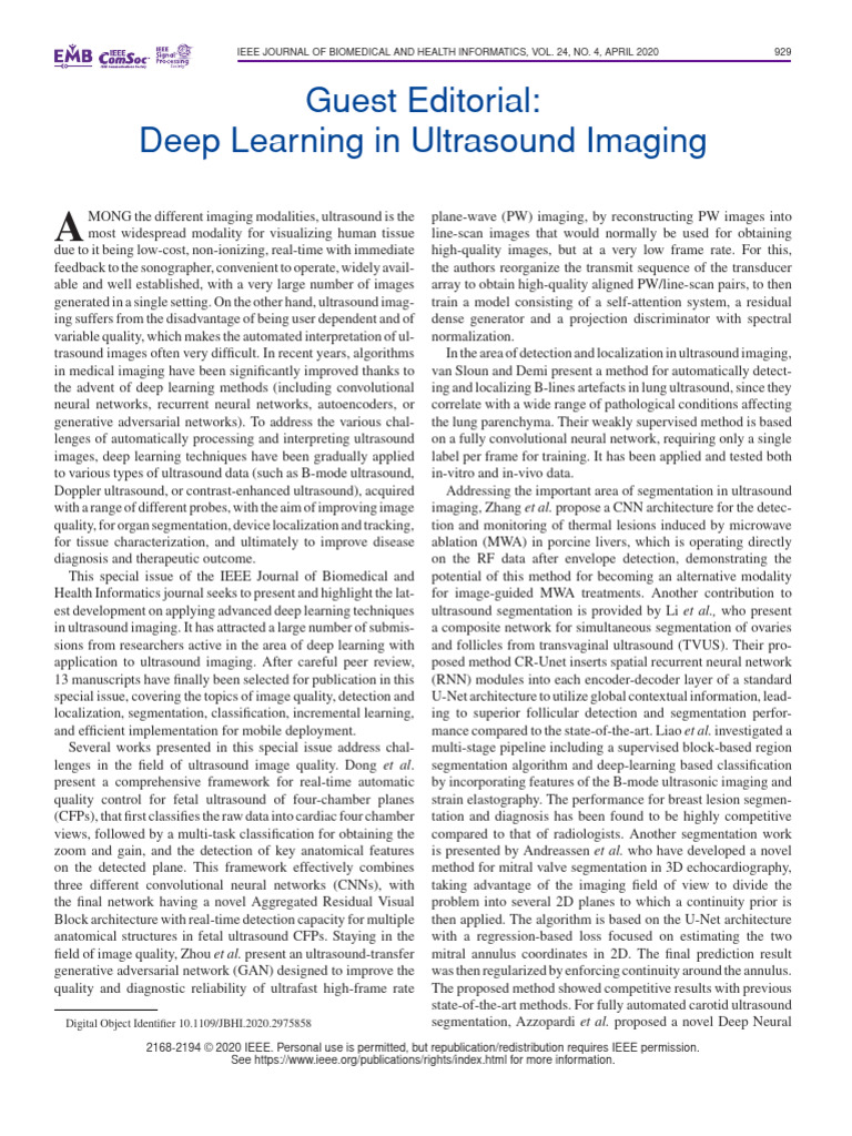 Guest Editorial Deep Learning in Ultrasound Imaging | PDF | Medical ...