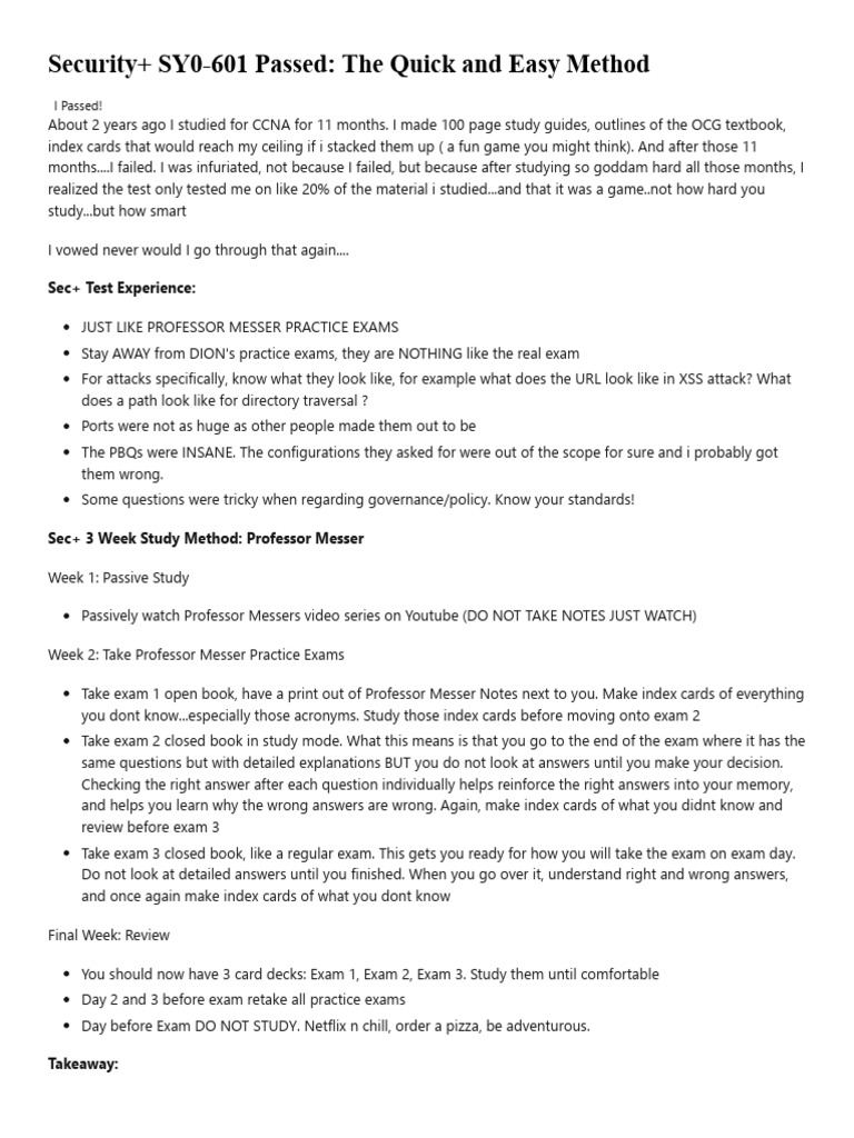 Security+ SY0-601 Passed - The Quick and Easy Method - R - CompTIA ...
