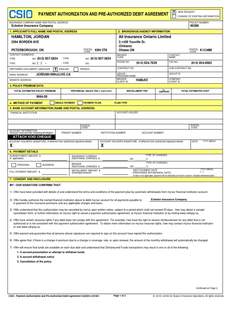 CSIO Auto Payment Authorization Form | PDF | Cost Of Living | Deductible