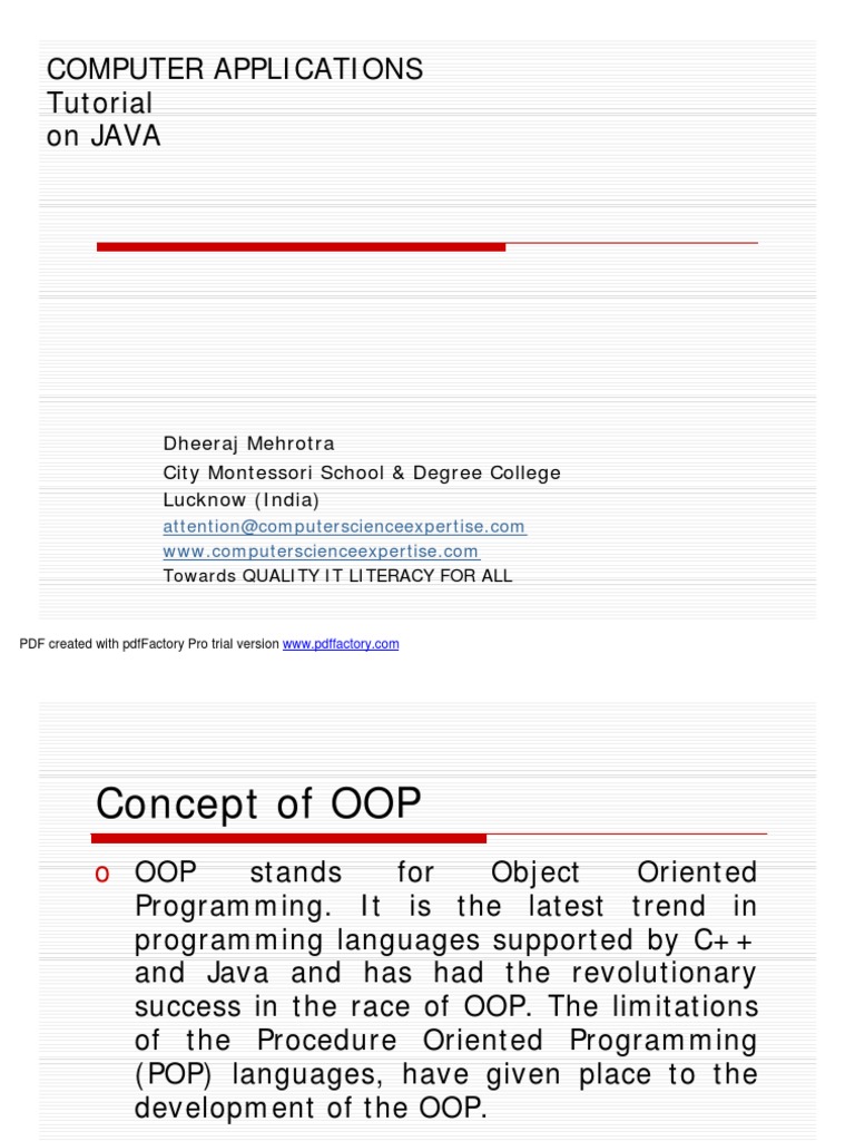 Computer Applications Tutorial On Java: Dheeraj Mehrotra City ...