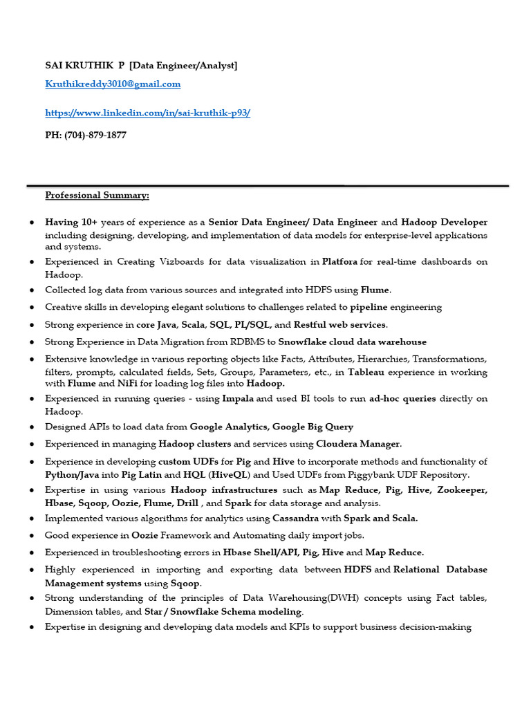 Senior Data Engineer Profile Summary | PDF | Apache Spark | Apache Hadoop