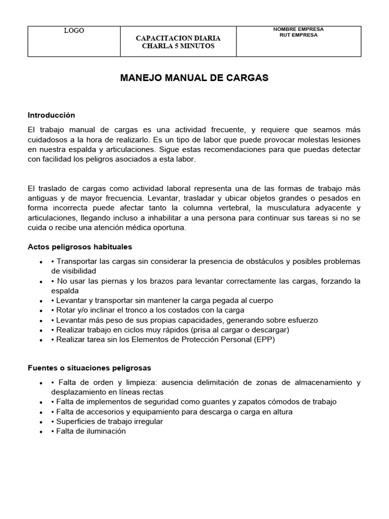 Manejo Manual de Cargas Ch. 5 Minutos | PDF