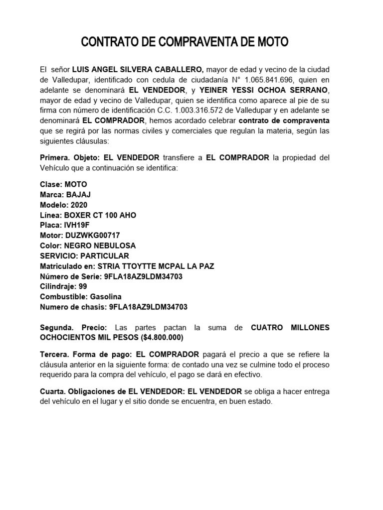 Modelo de Compraventa Moto o Carro | PDF | Negocios