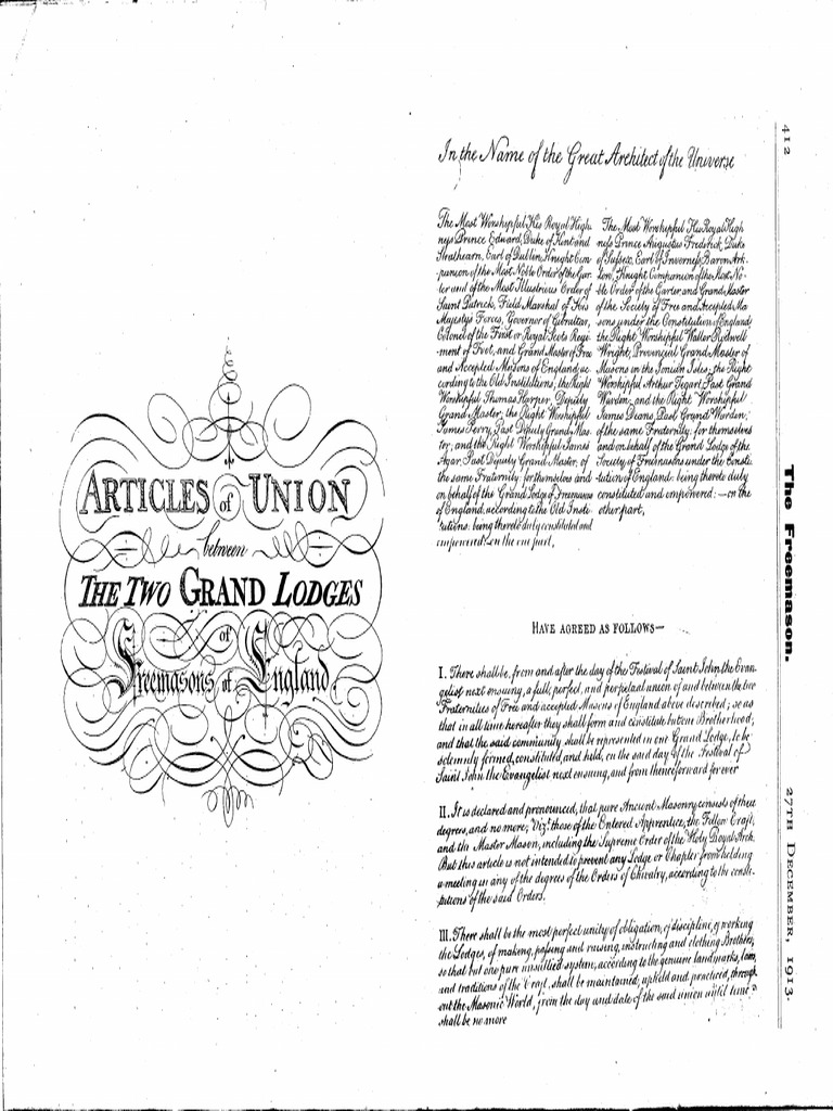 Articles of Union Between The Two Grand Lodges of Freemasons of England ...