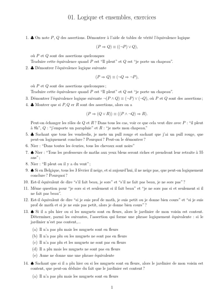 Exercices de logique et d'ensembles | PDF | Logique mathématique ...