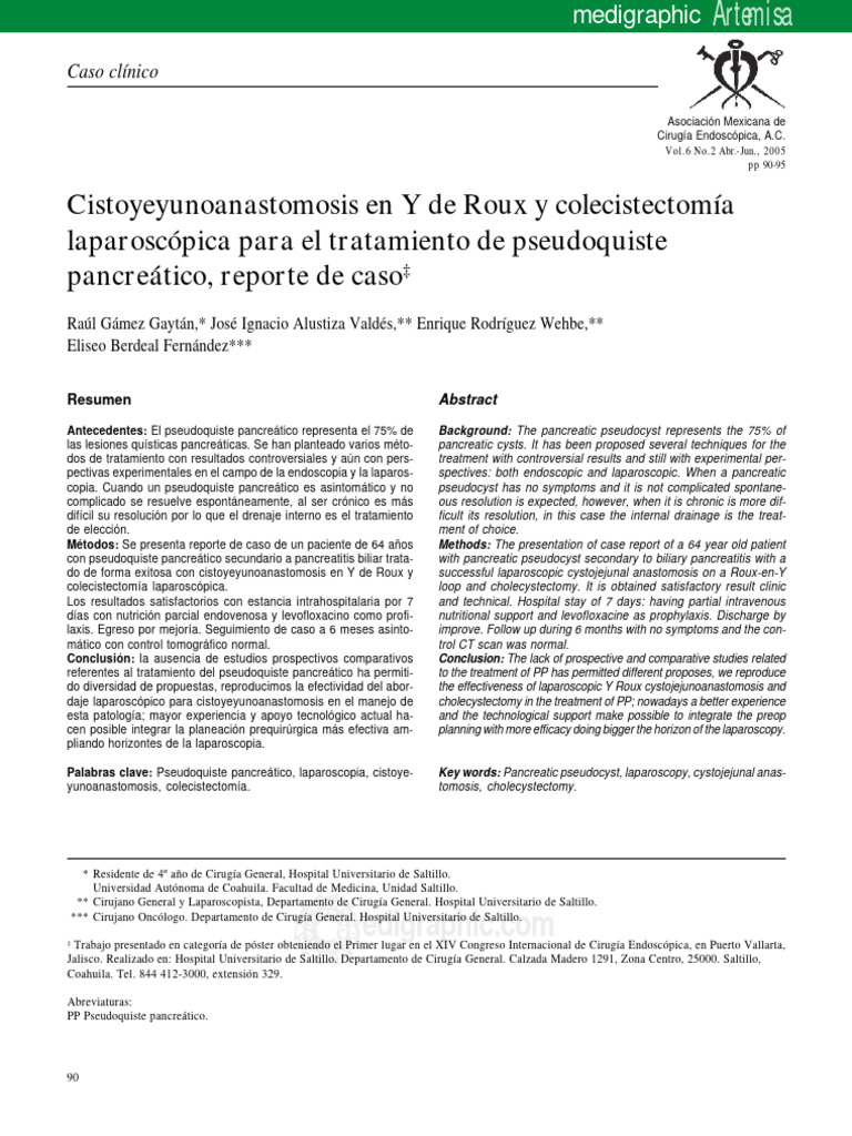 Cistoyeyunoanastomosis en Y de Roux y Colecistectomía Laparoscópica ...