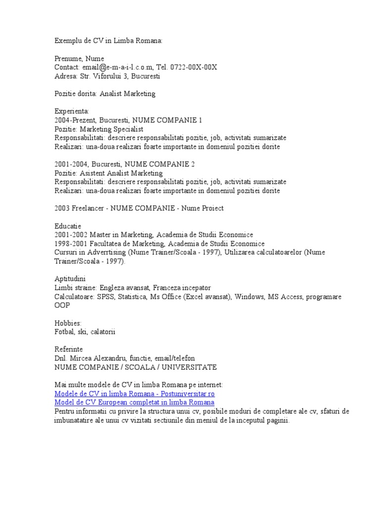 Exemplu De Cv In Limba Romana Pdf
