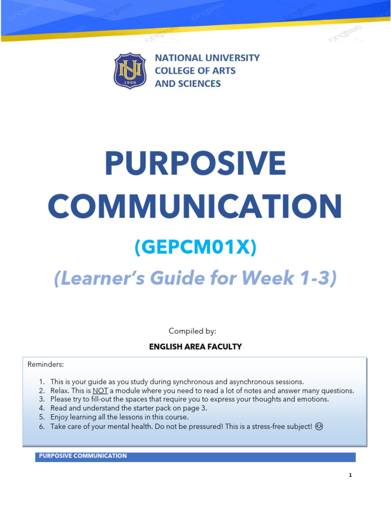 Purposive Communication Week 1 Guide | PDF | Communication | Nonverbal ...