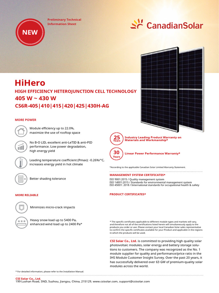 Canadian Solar HiHero - CS6R-H-AG - v2.0PRE 430W | PDF | Solar Energy ...