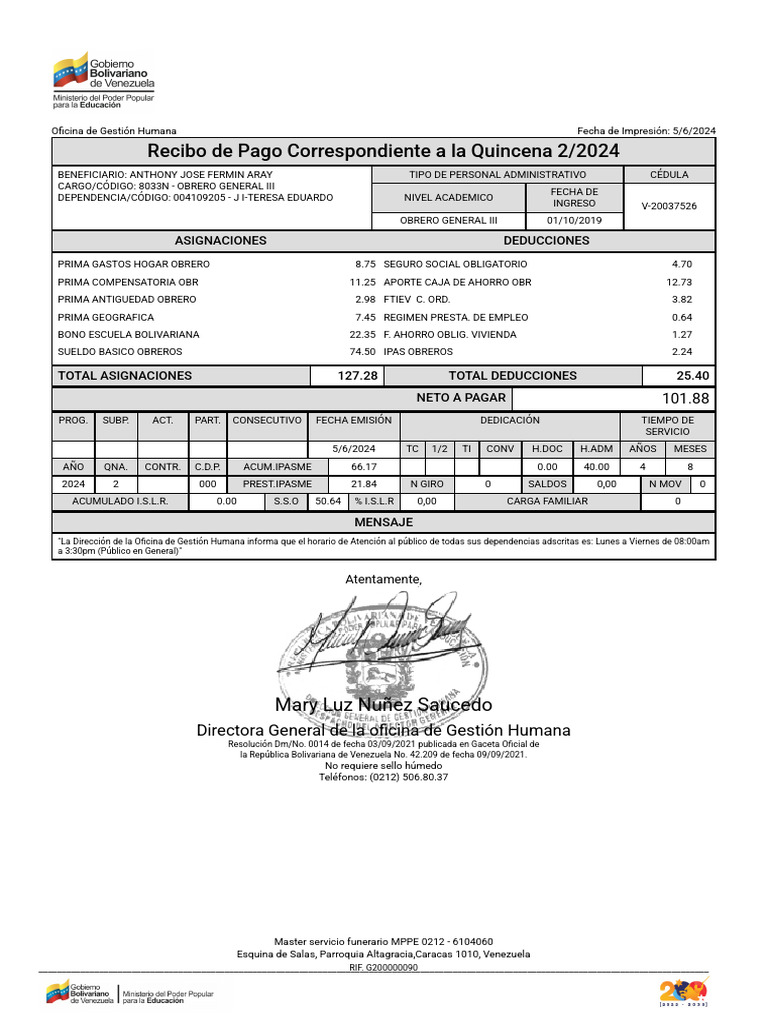 Recibo de Pago Quincena 2/2024 | PDF