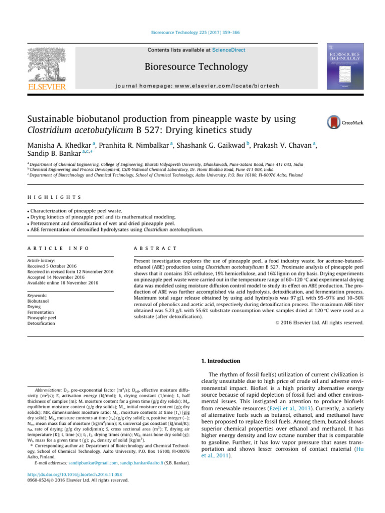 Biobutanol from Pineapple Waste: Drying Study | PDF | Biofuel | Chemistry