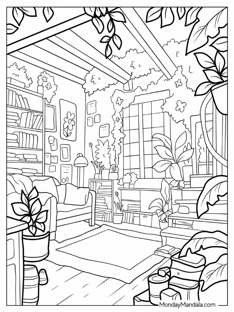 Realistic Cozy Living Room Coloring Page | PDF