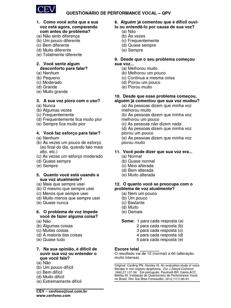 Questionário de Performance Vocal | PDF