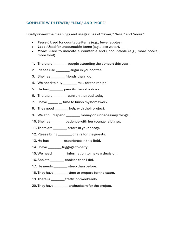 TZ - U6 - 3RD Intermediate - Fewer Less More Activity | PDF