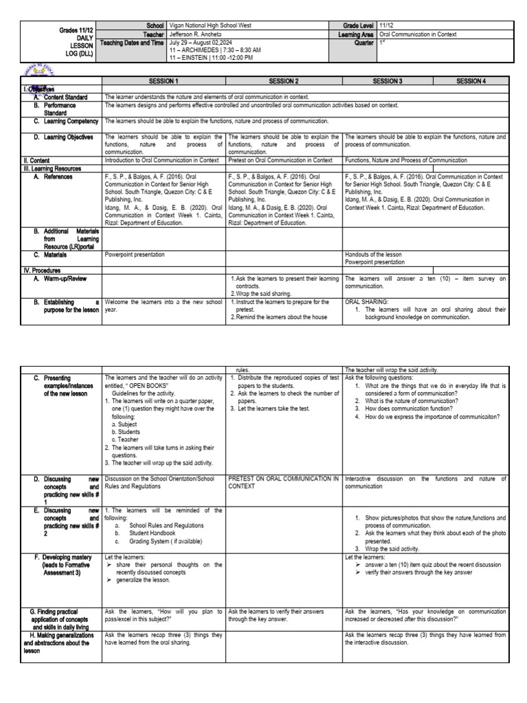 2024 Q1 Week 1 Oral Communication | PDF | Learning | Cognitive Psychology