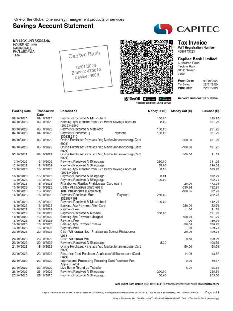 Capitec Bank Account Statement | PDF | Payments | Banks