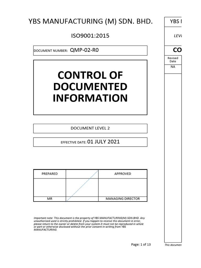 QMP02 Control of Documented Information | PDF | Iso 9000 | Quality ...