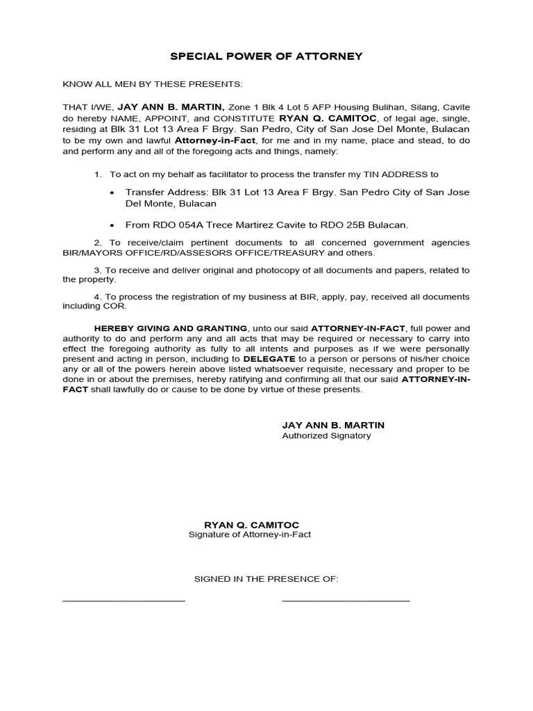 Spa For Transfer of Bir | PDF | Power Of Attorney | Civil Law (Common Law)