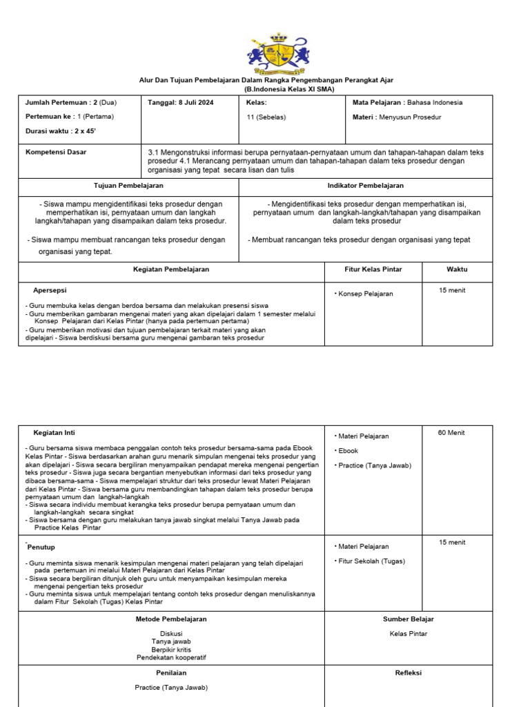 Lesson Plan - Gr11 - Bahasa Indonesia - Ch1 - Menyusun Prosedur - OK | PDF