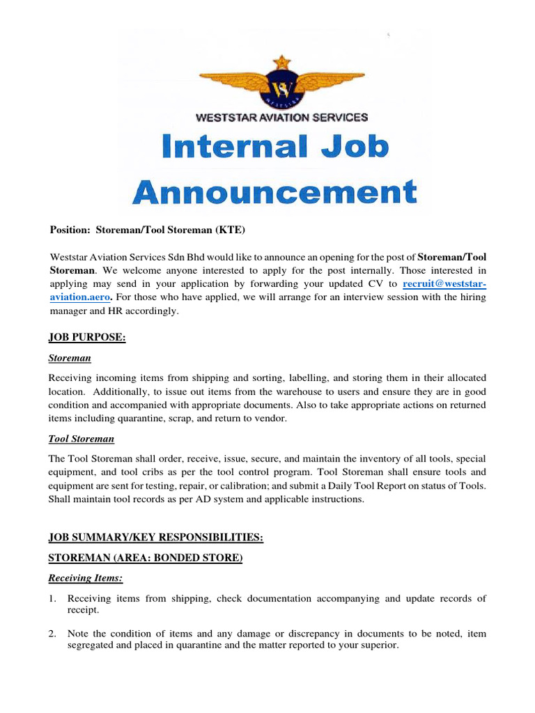 Storeman - Tool Storeman (KTE) | PDF | Inventory | Warehouse