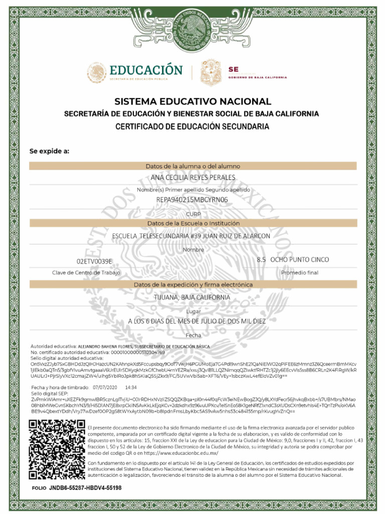 Certificado de Secundaria Baja California | PDF