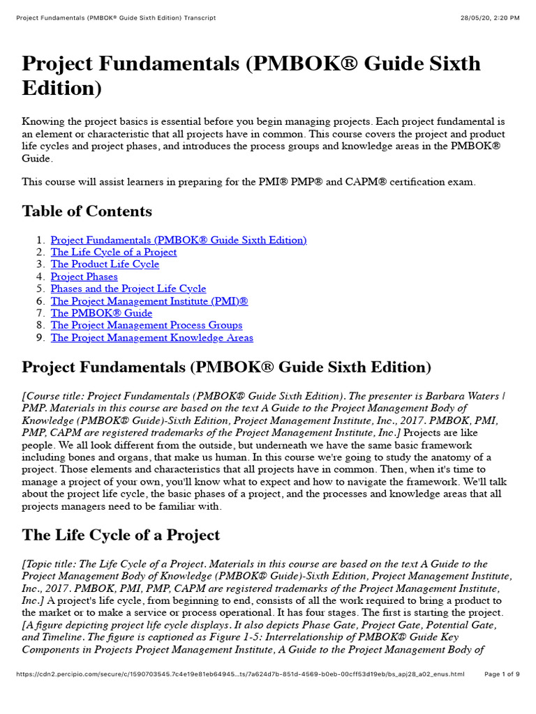 Project fundamentals pmbok guide sixth edition transcript pdf