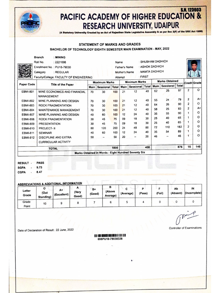 Final Year Marksheet Pdf