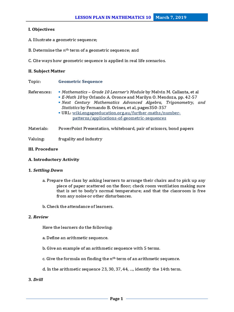 Grade 10 Geometric Sequence Lesson Plan | PDF | Sequence | Mathematics
