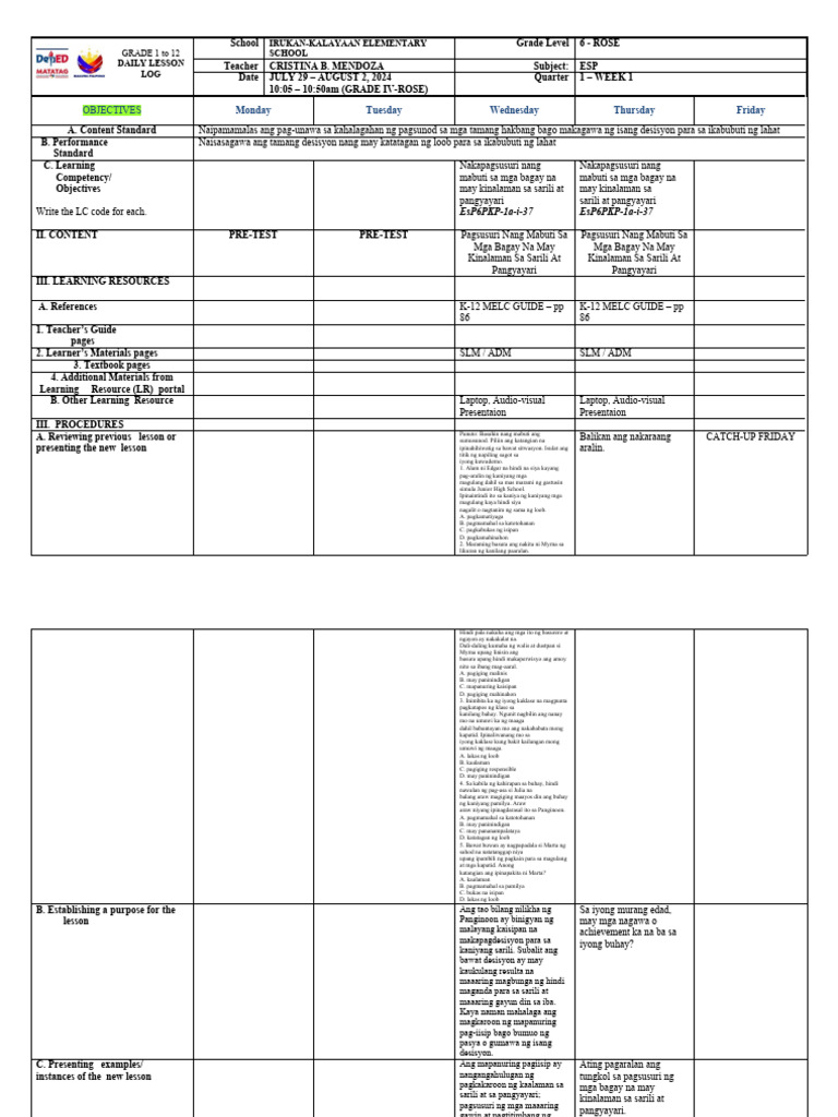 DLL Esp 6 q1 Week 1 | PDF