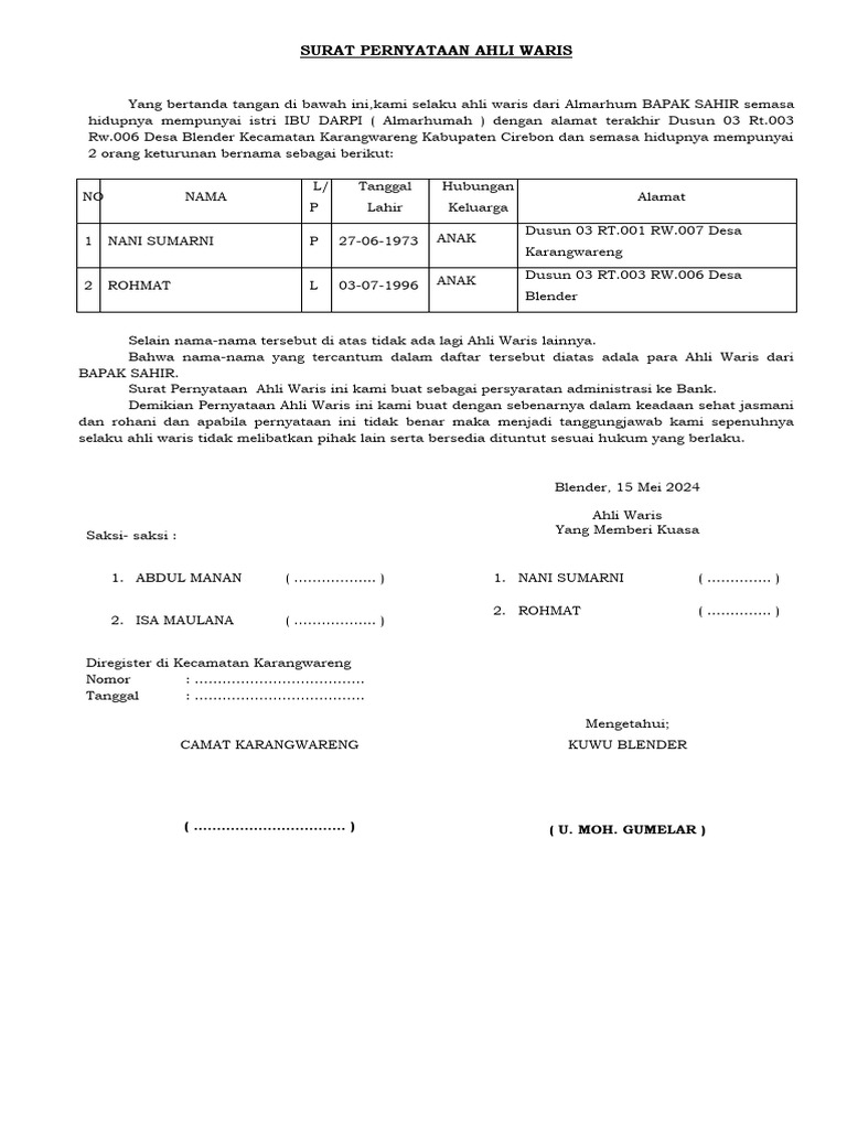 Surat Pernyataan Ahli Waris | PDF