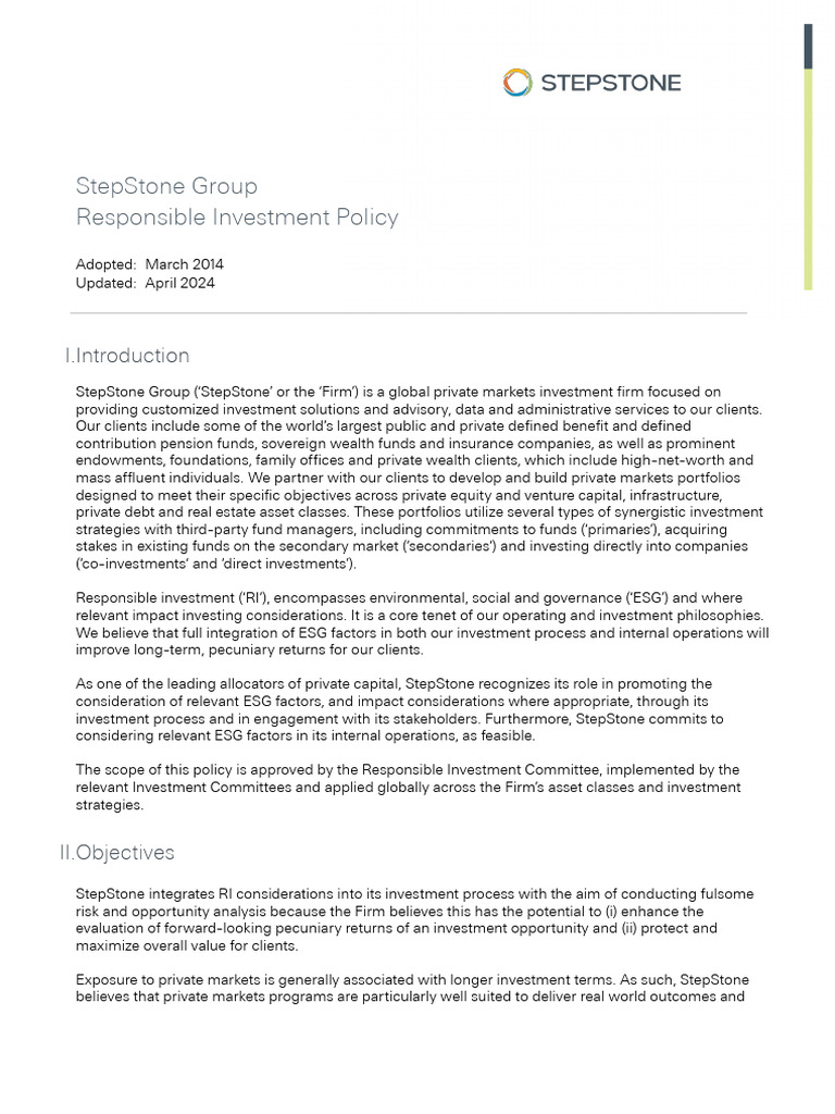 StepStone Group Responsible Investment Policy | PDF | Corporations ...