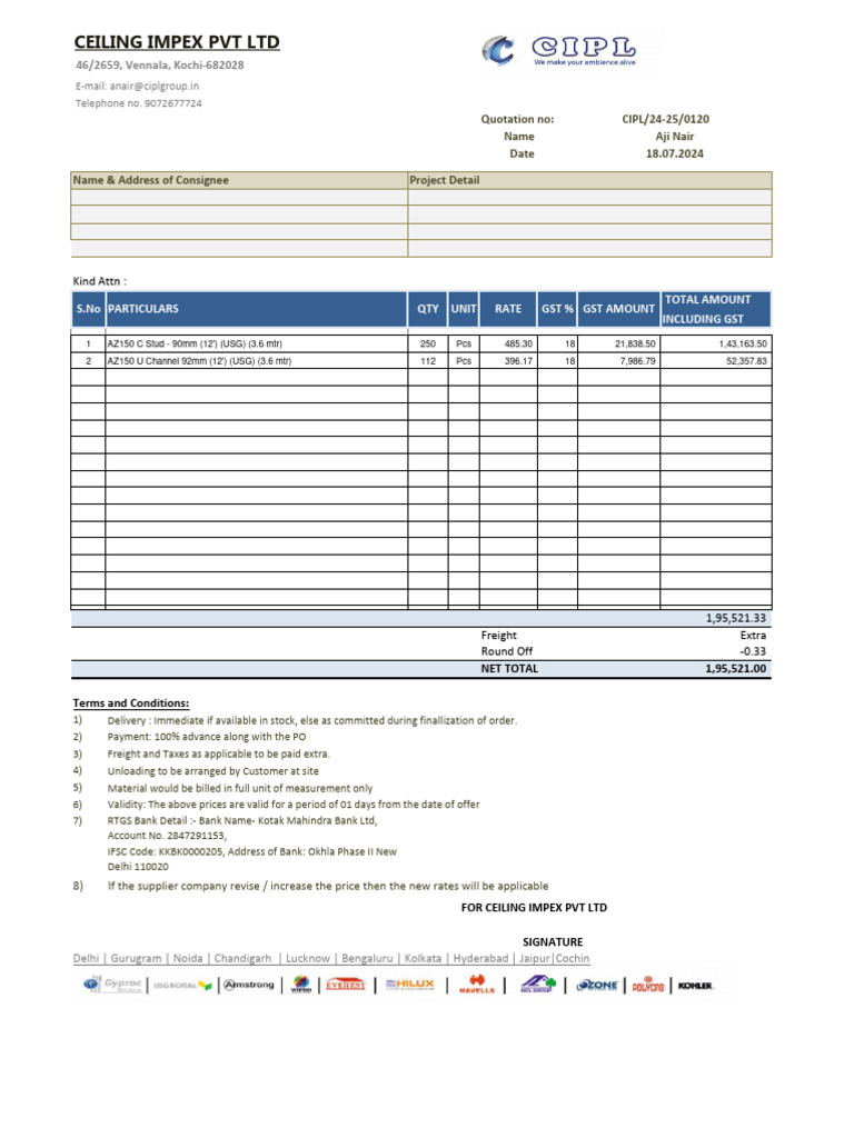 Quotation for Ceiling Materials | PDF | Money | Economies