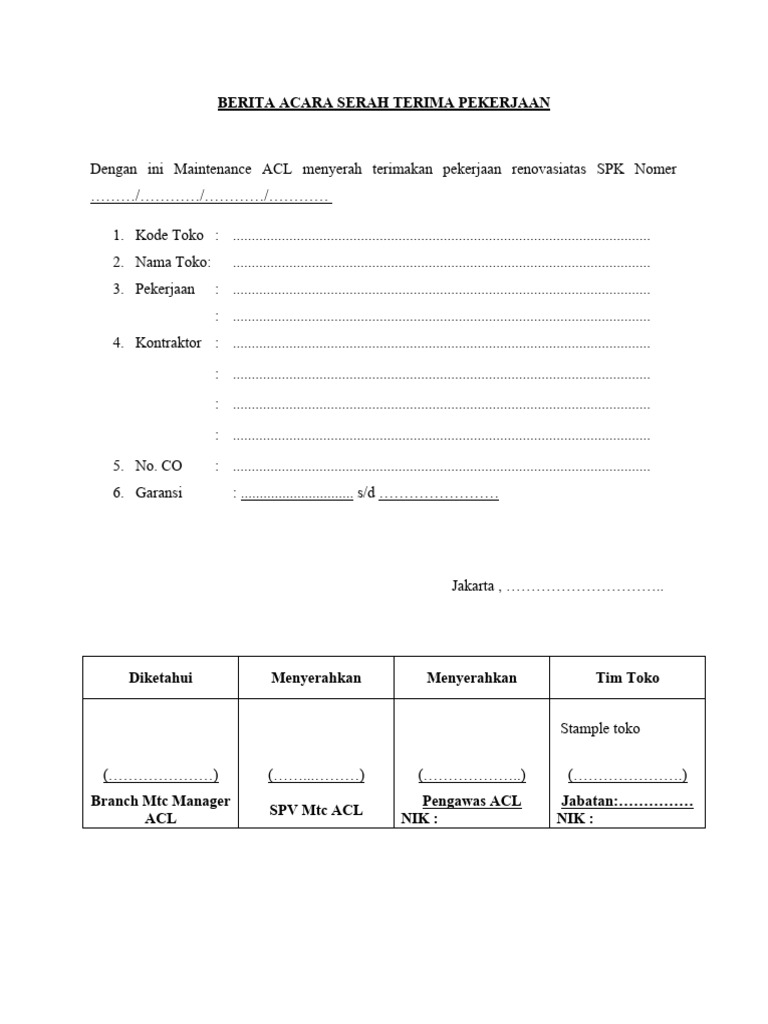 Serah Terima Pekerjaan ACL | PDF