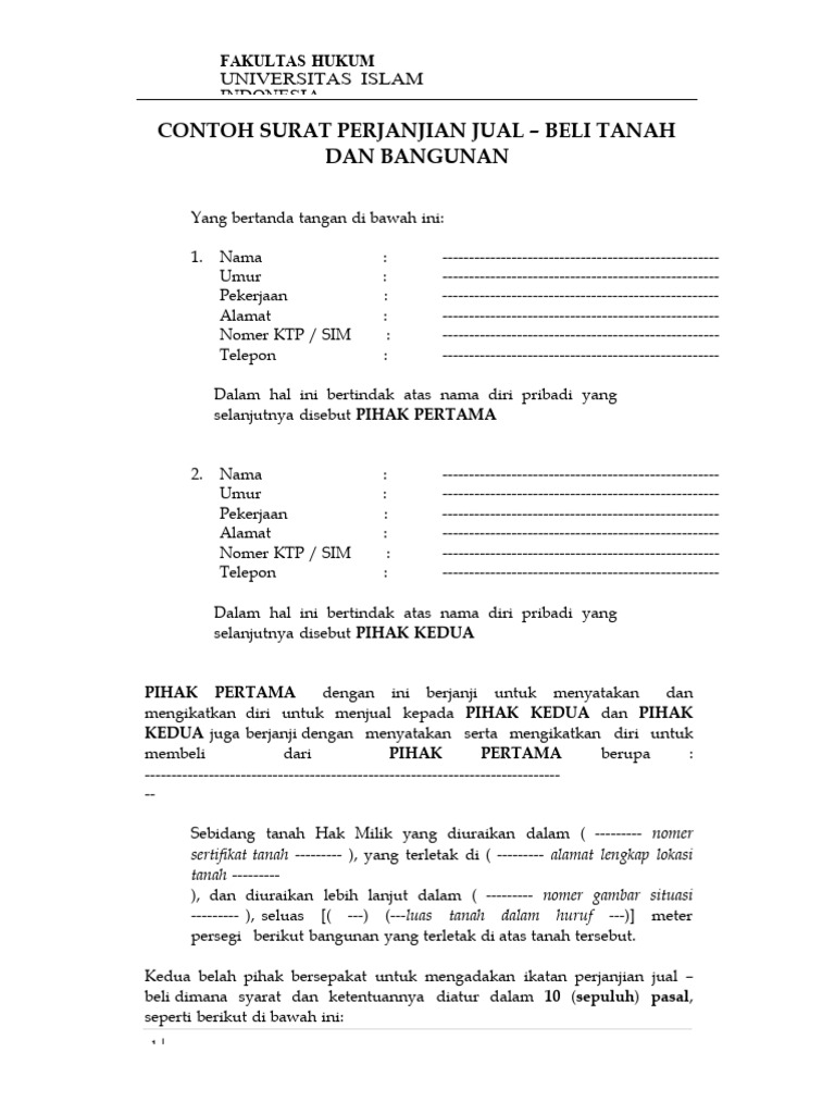 Contoh Surat Perjanjian Jual Beli Tanah Dan Bangunan FH UII | PDF
