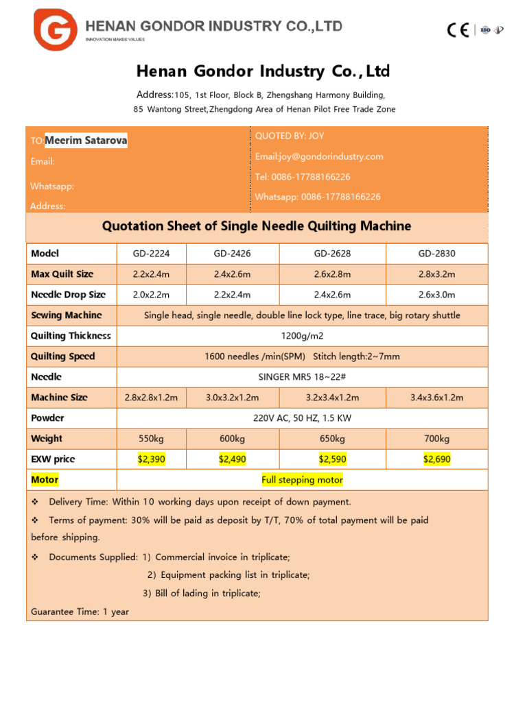 Quotation Sheet of Full Step Single Needle Quilting Machine From Joy of ...