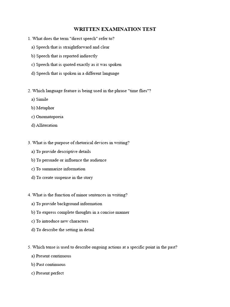 Written Examination Test | PDF | Narration | Sentence (Linguistics)