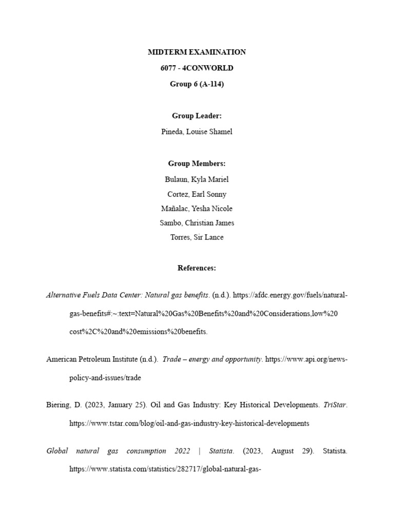 Midterms Conworld Group 6 A114 | PDF | Natural Gas | Hydrocarbons