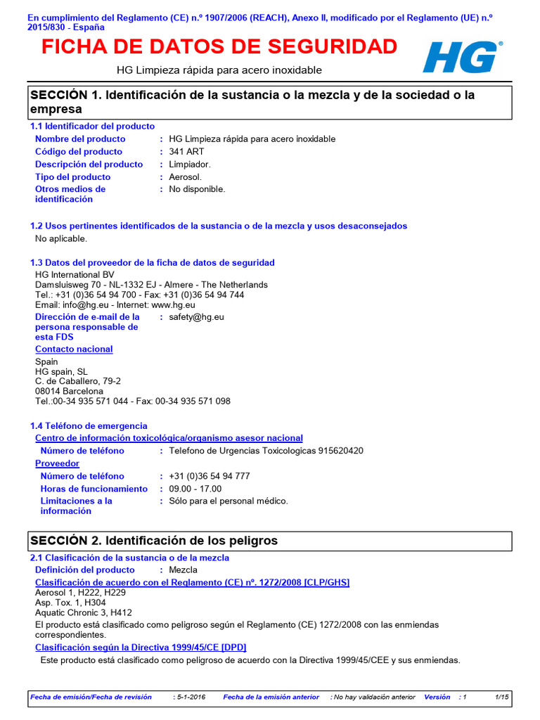 FDS HT Limpiador Acero Inoz | PDF | Residuos | Mercurio (Elemento)