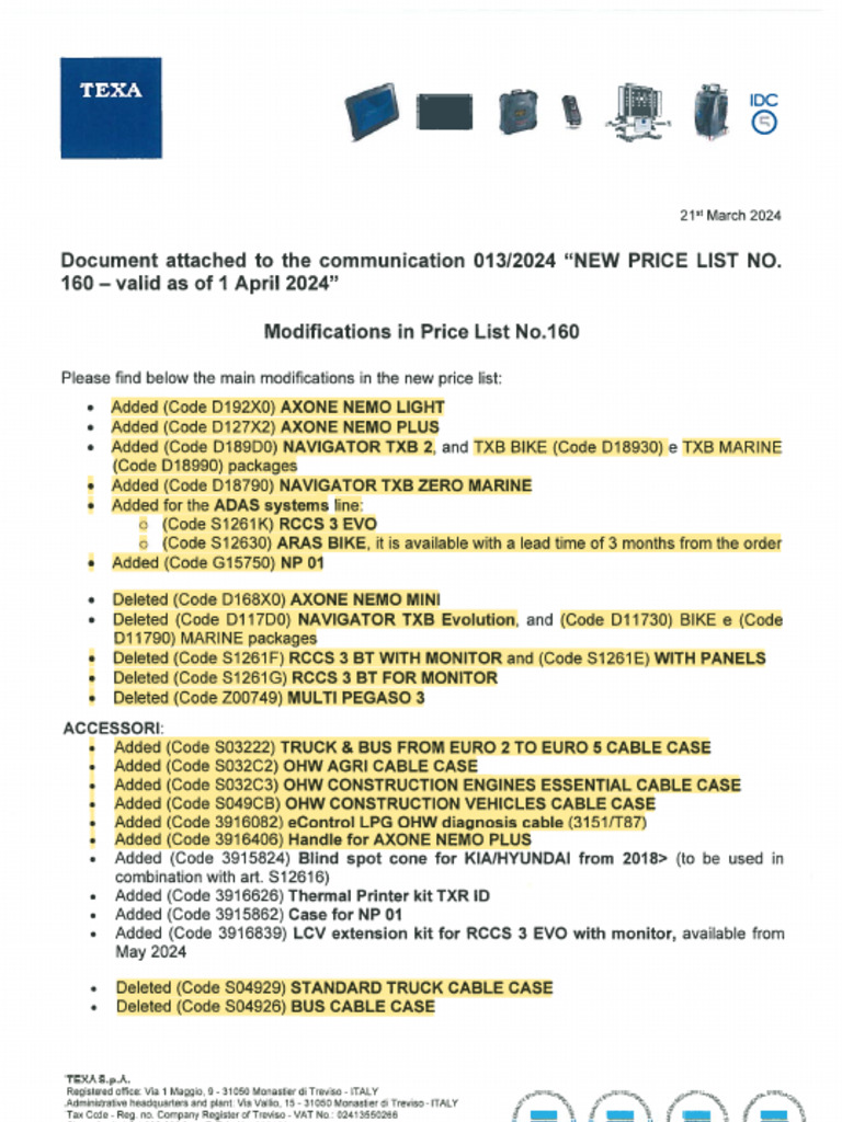 Modifications in price list no 160 document attached to the