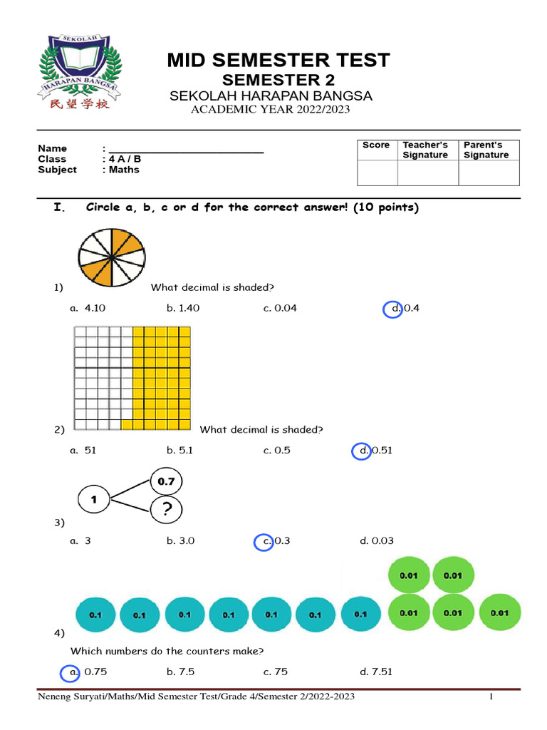 Grade 4 Maths Mid Semester Test 2023 | PDF