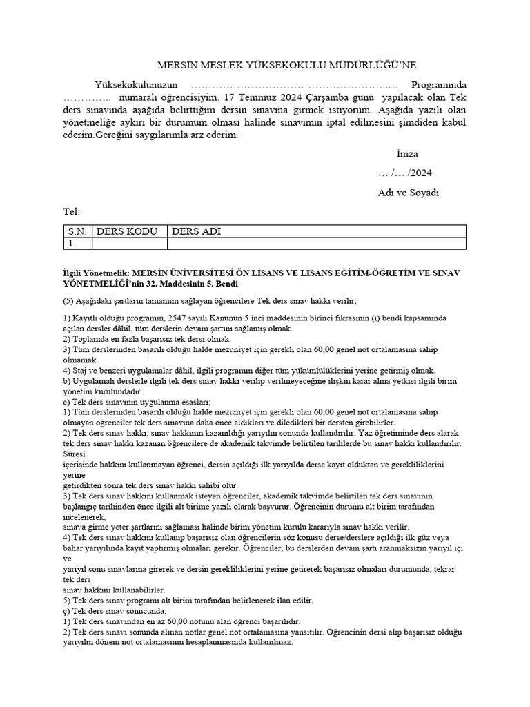 Tek ders sinav basvuru formu pdf
