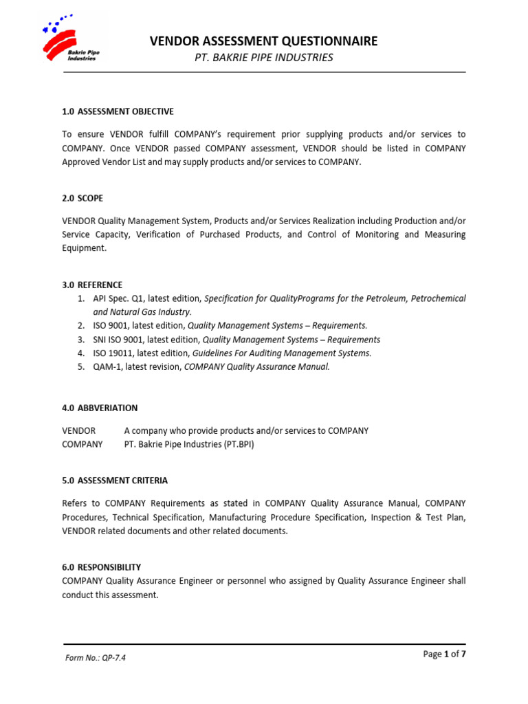 Vendor Assessment Questionnaire Template | PDF | Verification And ...